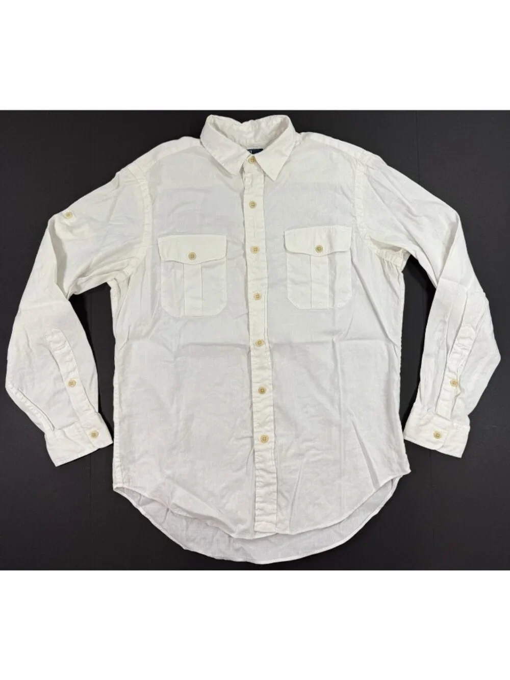 Vtg Polo Ralph Lauren Mens Shirt Size Medium Roll Tab Sleeve Linen Blend White